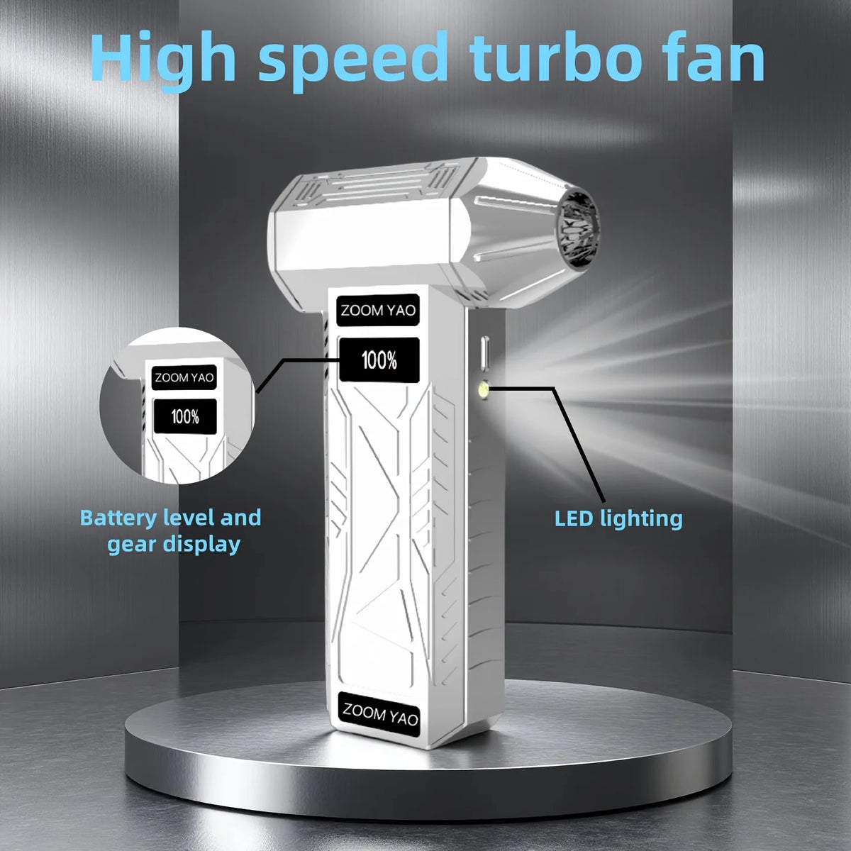 Mini Handheld Turbine Fan with 4 Speed Settings, Night LED Lighting, Portable One-Key Turbine for Infinite Air/Water/Dust Blowin