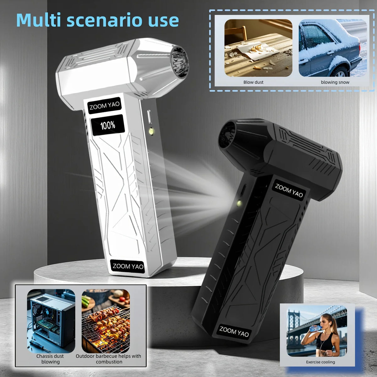 Mini Handheld Turbine Fan with 4 Speed Settings, Night LED Lighting, Portable One-Key Turbine for Infinite Air/Water/Dust Blowin