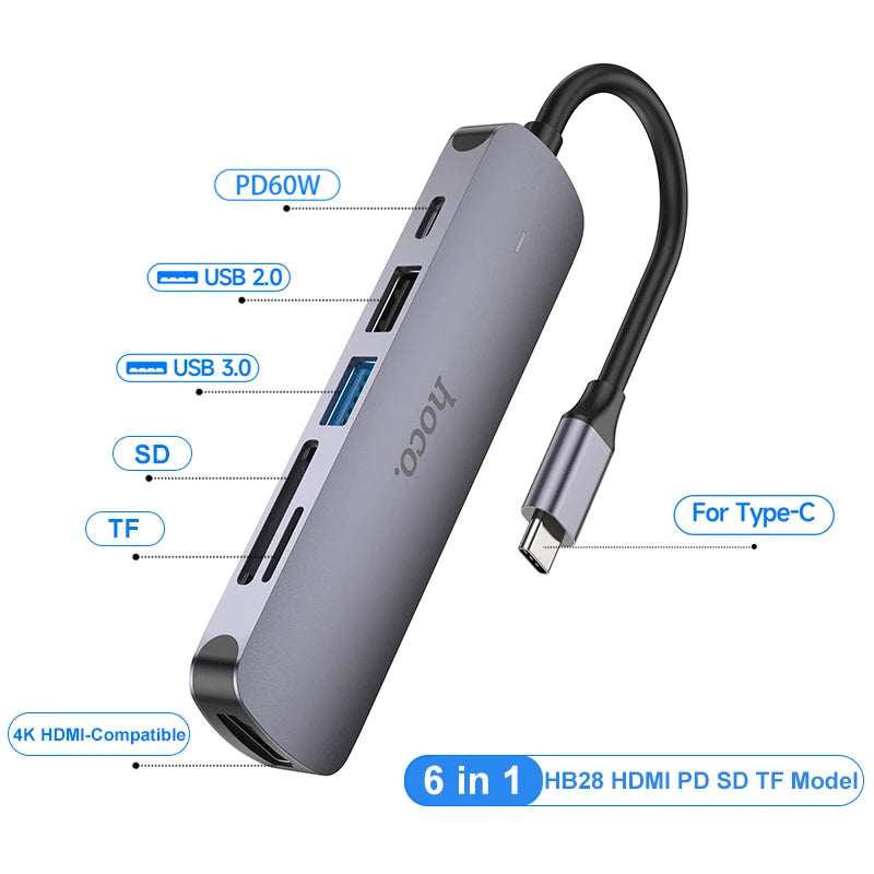 HOCO USB C HuB Type C to USB 3.0 2.0 Adapter PD60W Dock For MacBook Pro Air HDMI-Compatible Splitter 4K 30HZ HDTV OTG Adapters