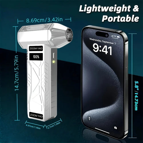Mini Handheld Turbine Fan with 4 Speed Settings, Night LED Lighting, Portable One-Key Turbine for Infinite Air/Water/Dust Blowin
